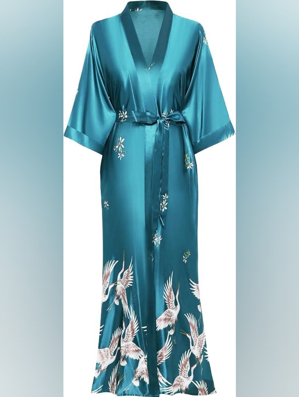 Long Satin Kimono Robe Crane Print Sleepwear Silky Lighweight Side Pockets